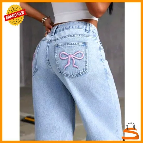 High Waisted Straight Leg Baggy Jeans for Girls Denim Bow Pants - Picture 4 of 6